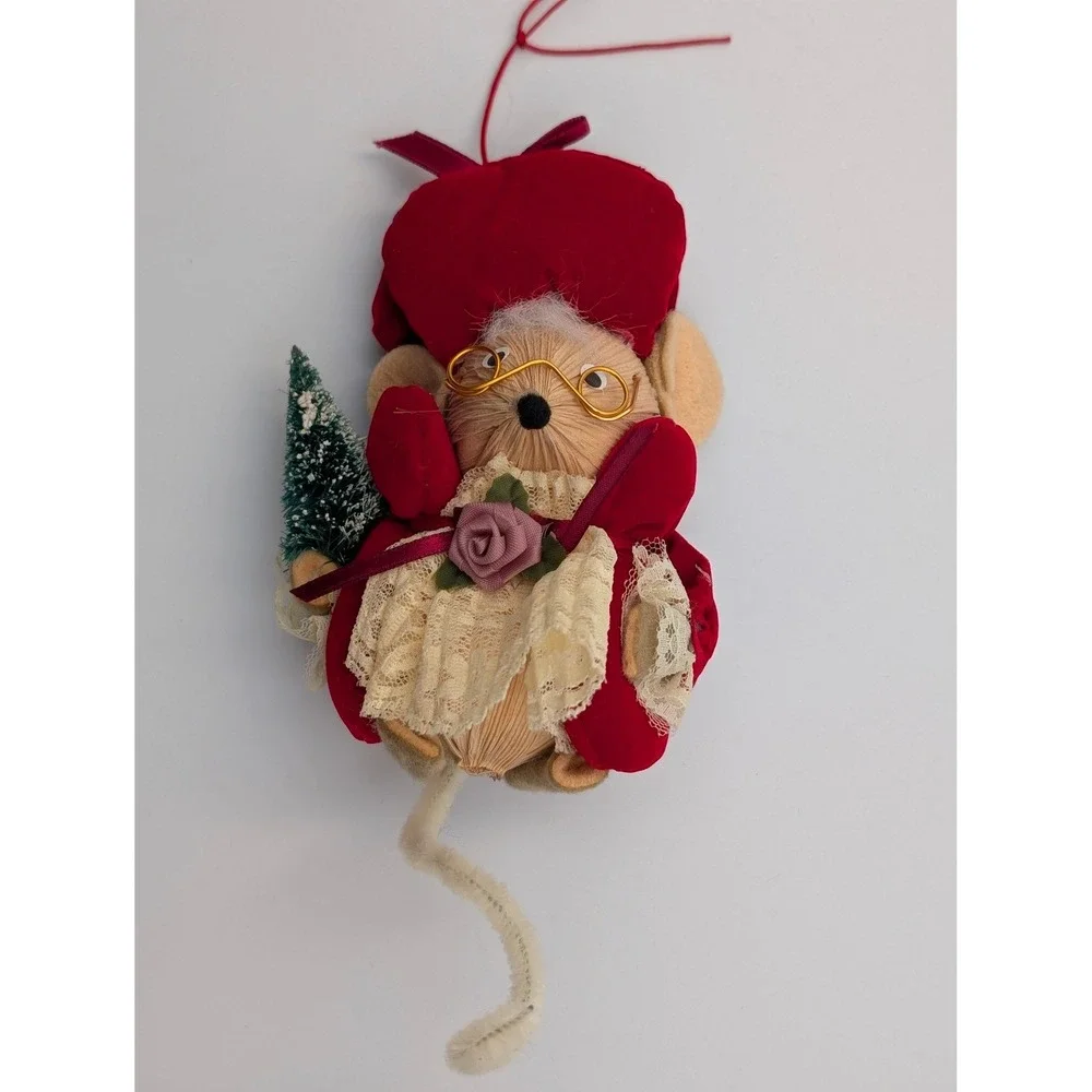 Kurt Adler Christmas Mouse Ornament Red Velvet Lace Dress Sisal Tree Vintage